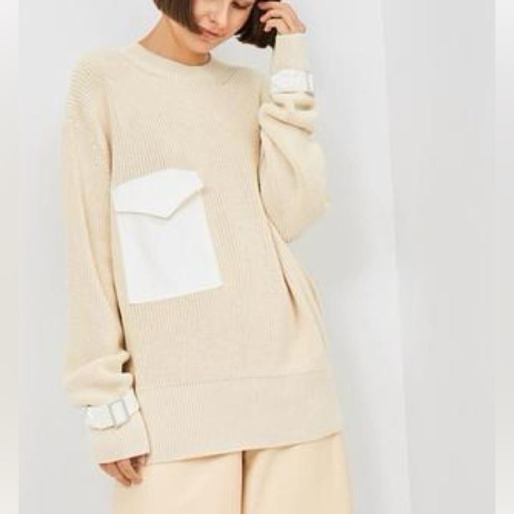 Zara Beige Oversized Sweater with White Pocket Detail & Belt Tie Sleeveless Sz L